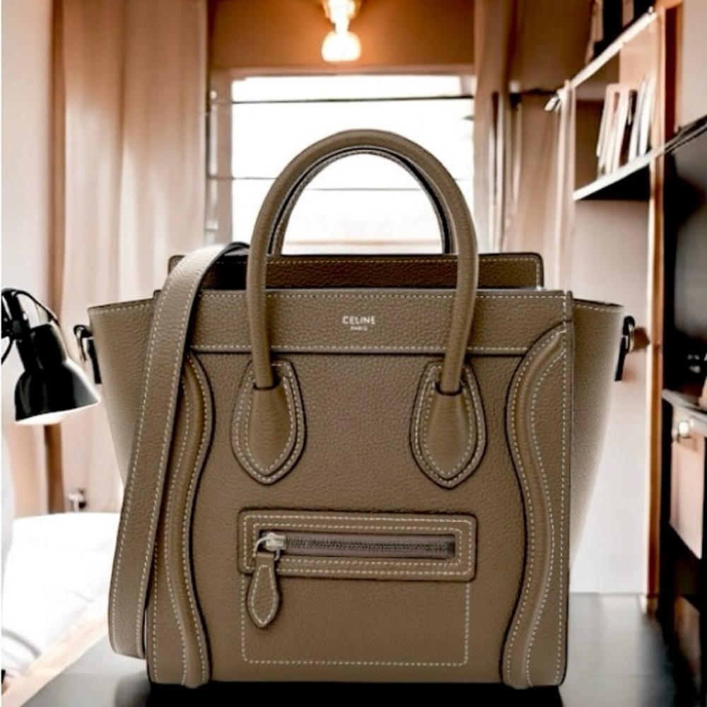 Celine Taupe Pebbled Leather Nano Luggage Tote Bag